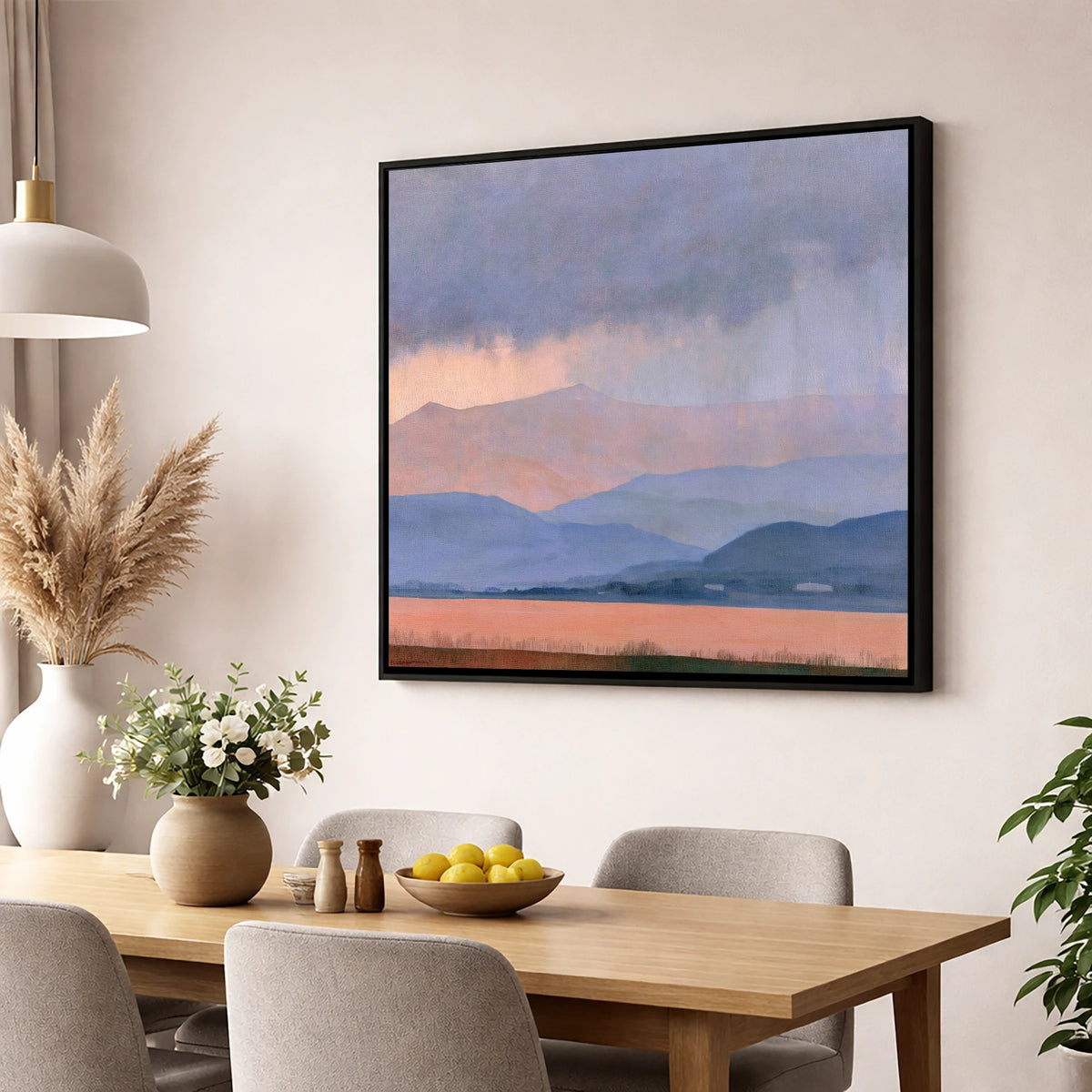 Lavender Fells Beneath Storm Clouds lake district sky wall art displayed in a dining room