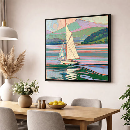 Sailboat on a Pastel Lake lake district walking wall art displayed in a dining room