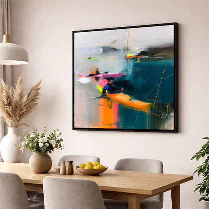 Vibrant Kayaks on Teal Water lake district walking wall art displayed in a dining room