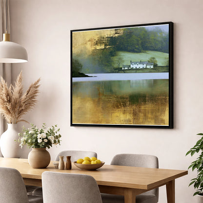 Golden Reflections on Coniston Water lake district lake wall art displayed in a dining room