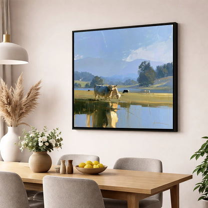 Highland Cattle Lakeshore Reflections lake district wildlife wall art displayed in a dining room