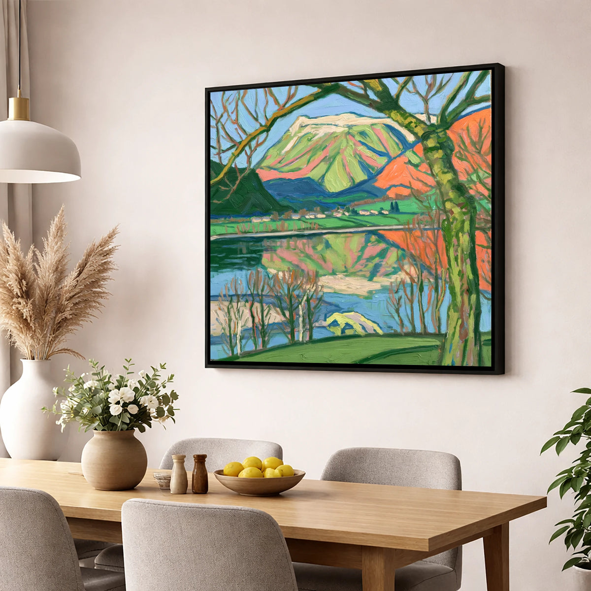 Vibrant Fells above Pooley Bridge lake district village wall art displayed in a dining room