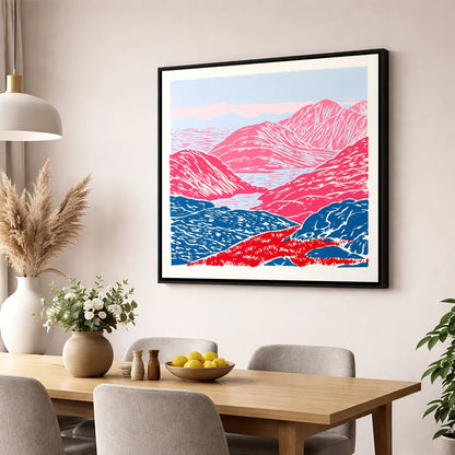 Cobalt and Crimson Summit View lake district fell wall art displayed in a dining room