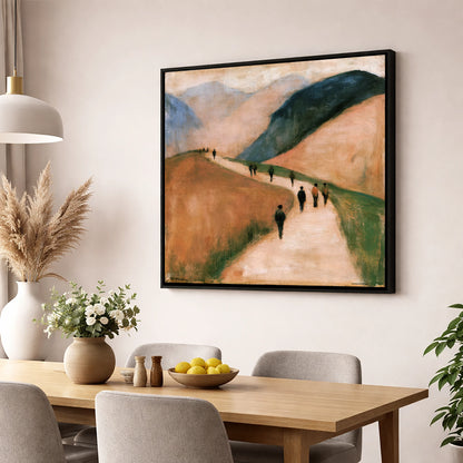 Walkers on an Earthy Mountain Path lake district walking wall art displayed in a dining room