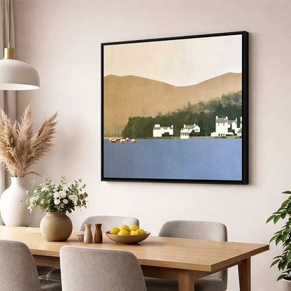 Moored Boats at Bowness Bay lake district village wall art displayed in a dining room