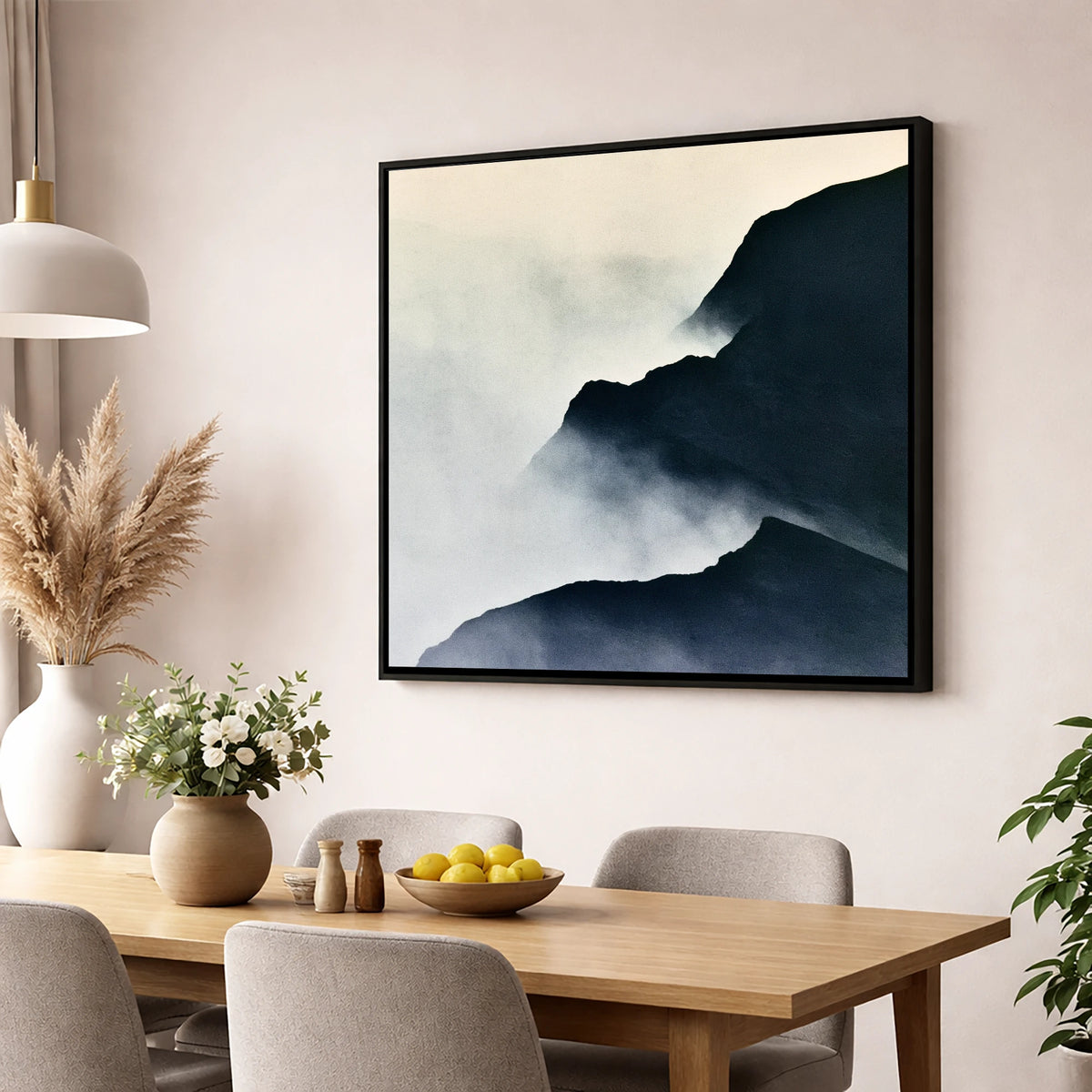 Misty Indigo Mountain Ridge lake district fell wall art displayed in a dining room