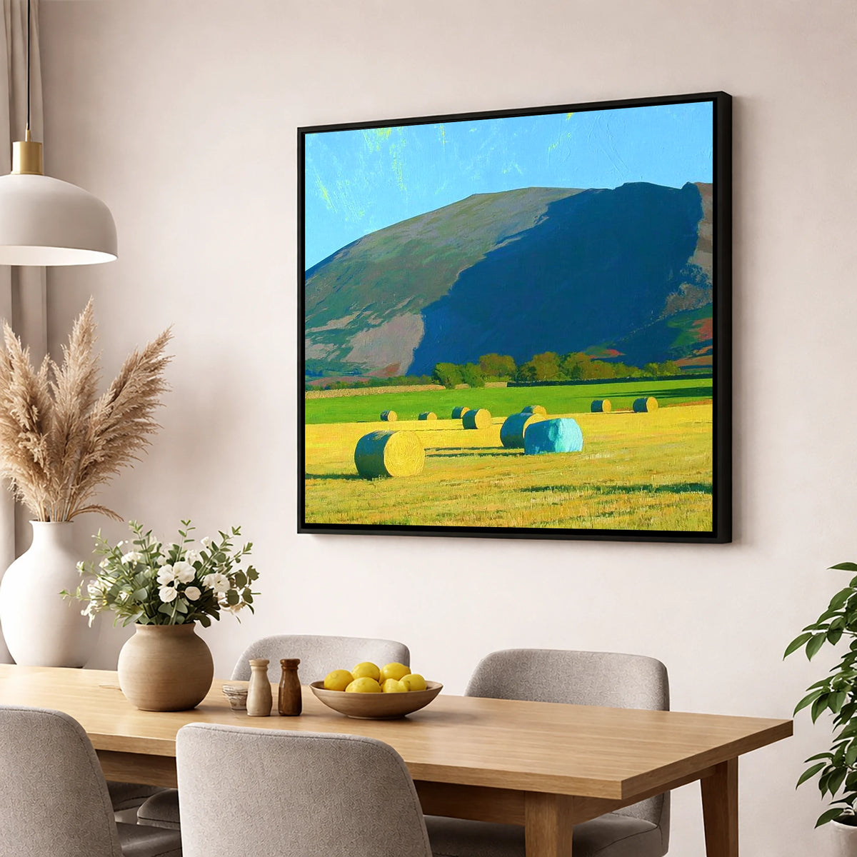 Blencathra Above Sunlit Hay Bales lake district fell wall art displayed in a dining room