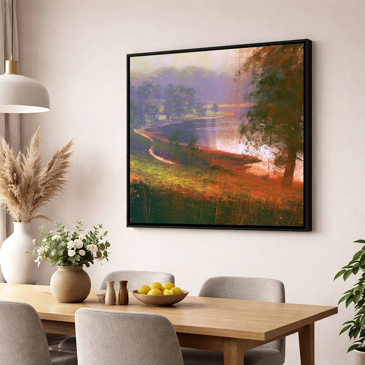 Tarn Hows in Violet Mist lake district lake wall art displayed in a dining room