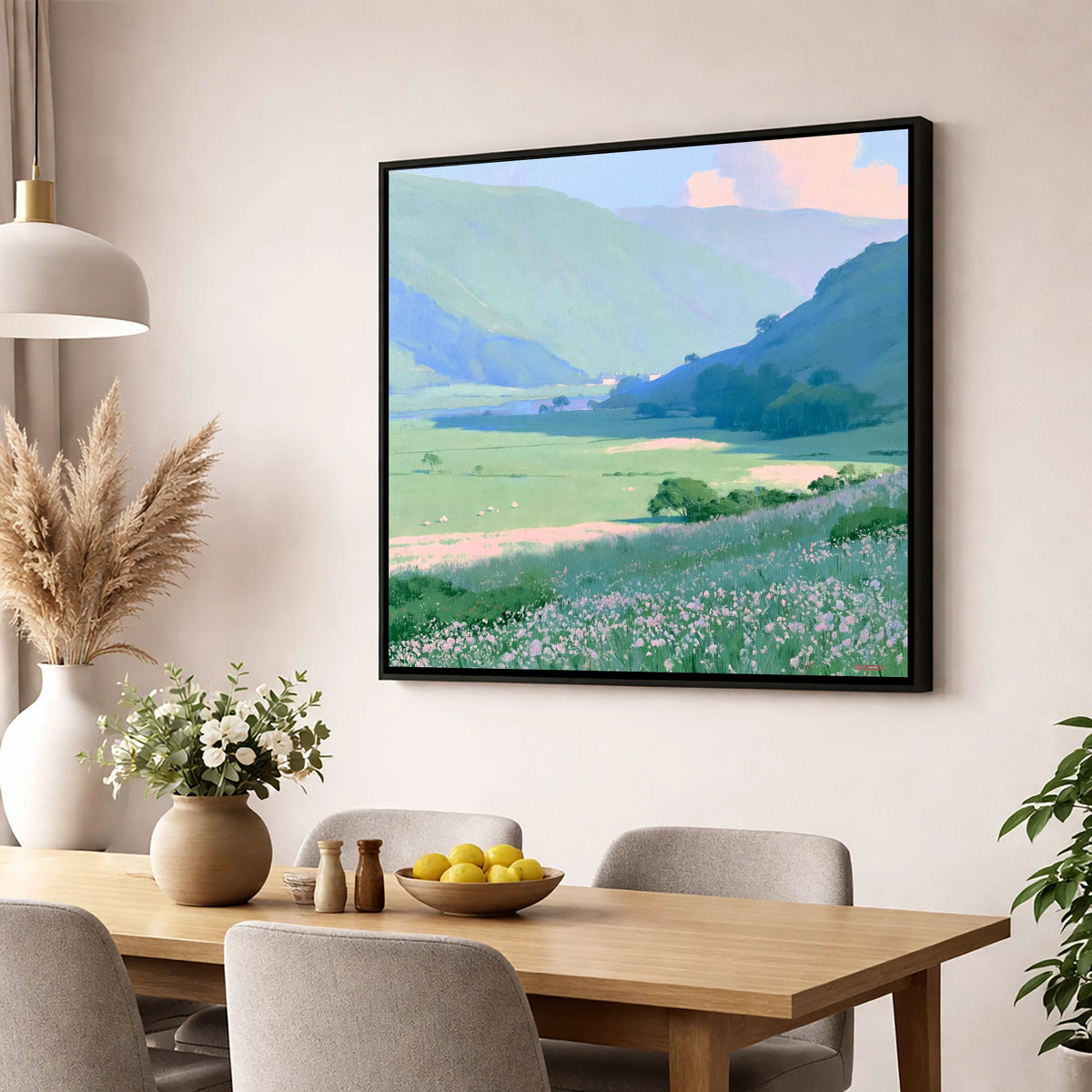 Blue Fells and Wildflower Meadow lake district valley wall art displayed in a dining room