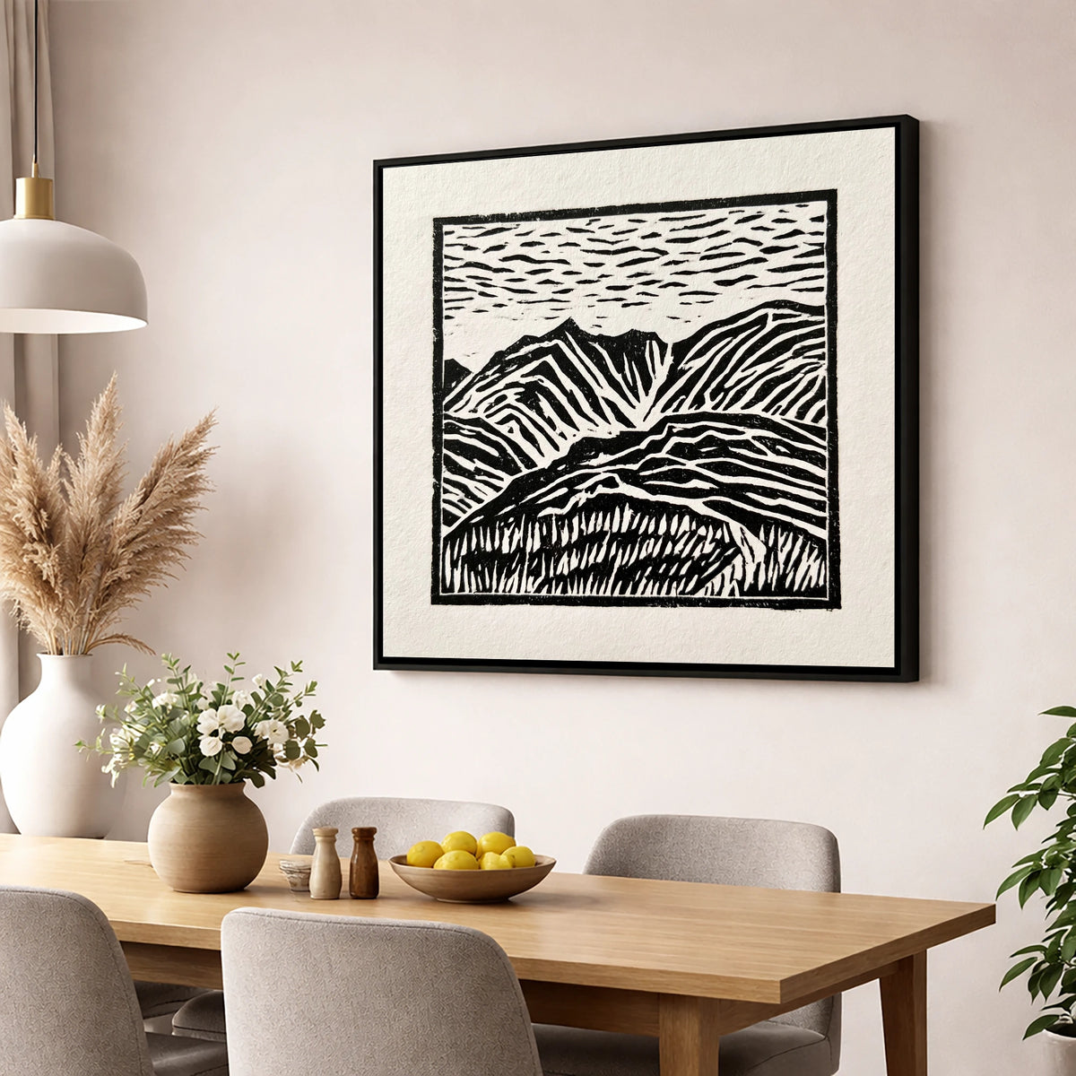 Graphic Mountain Summit View lake district fell wall art displayed in a dining room
