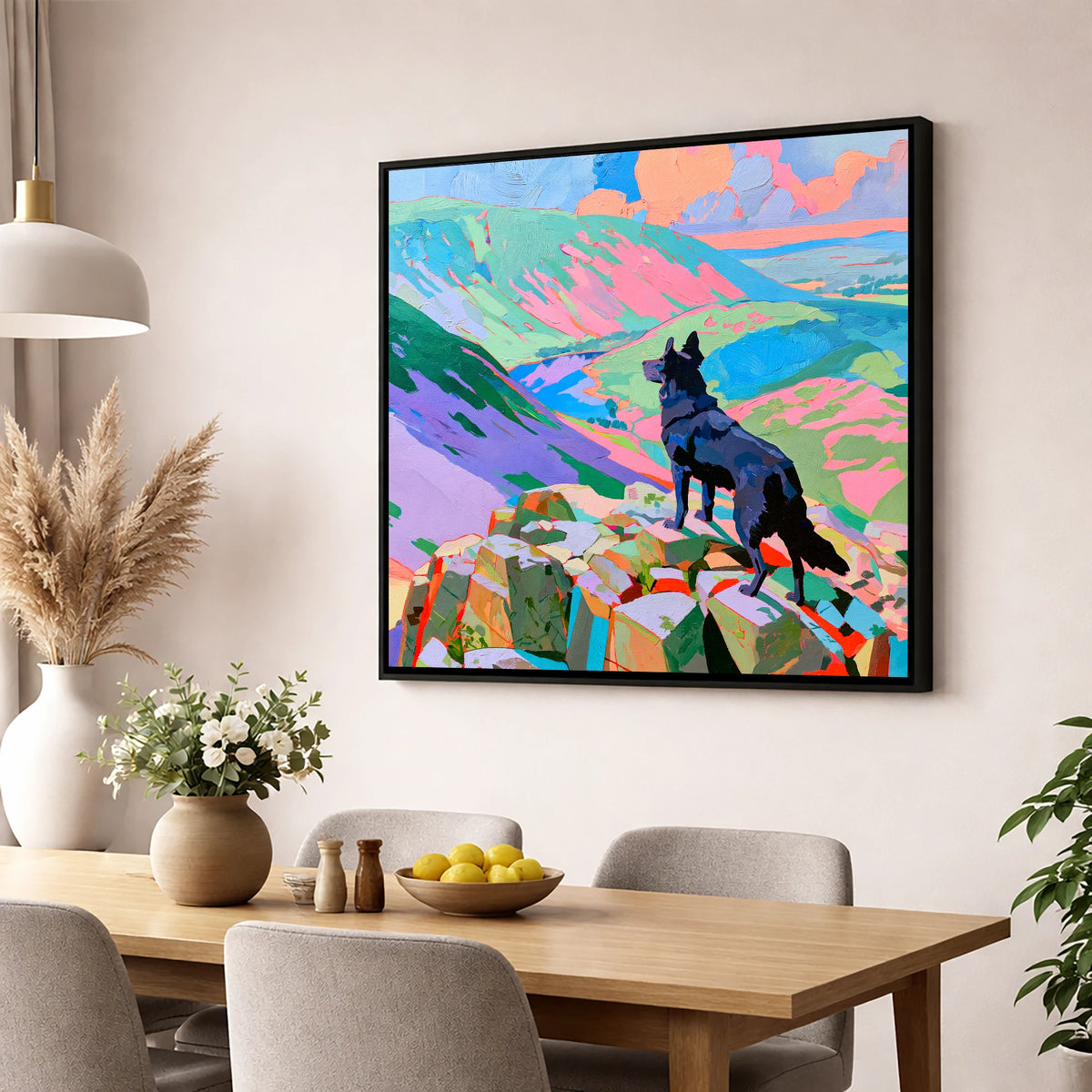 Black Dog on Vibrant Haystacks haystacks wall art wall art displayed in a dining room