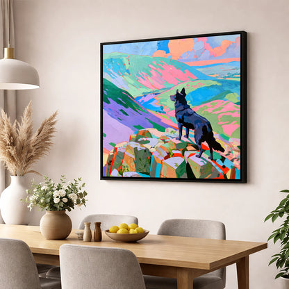 Black Dog on Vibrant Haystacks haystacks wall art wall art displayed in a dining room