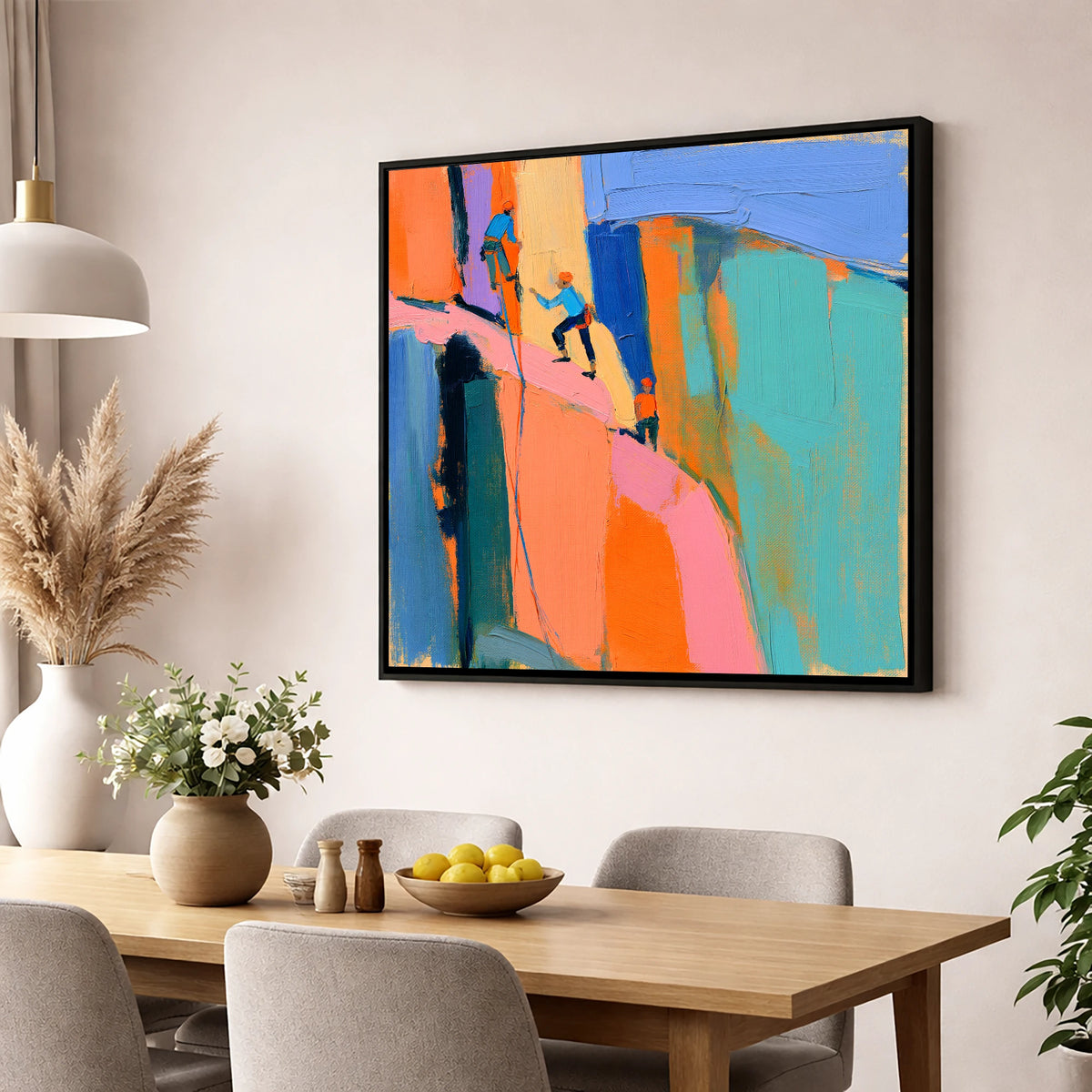 Vibrant Climbers on the Crag lake district walking wall art displayed in a dining room