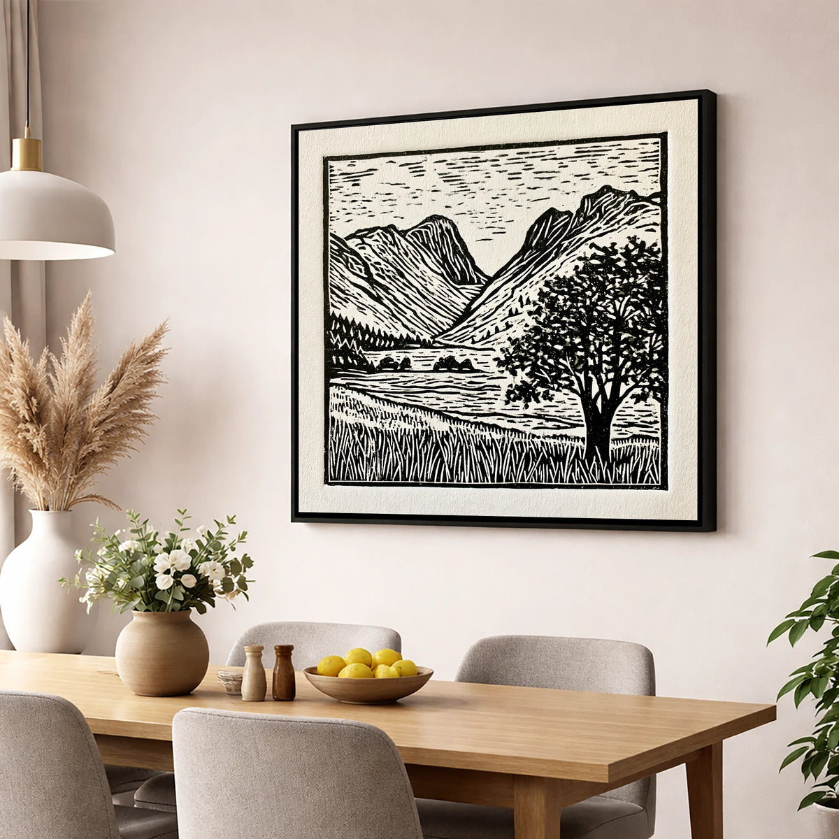 Langdale Pikes in Bold Monochrome lake district fell wall art displayed in a dining room