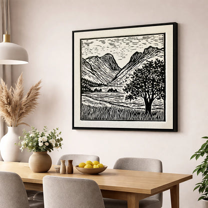 Langdale Pikes in Bold Monochrome lake district fell wall art displayed in a dining room