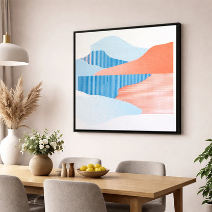 Graphic Lake Reflections In Coral lake district lake wall art displayed in a dining room