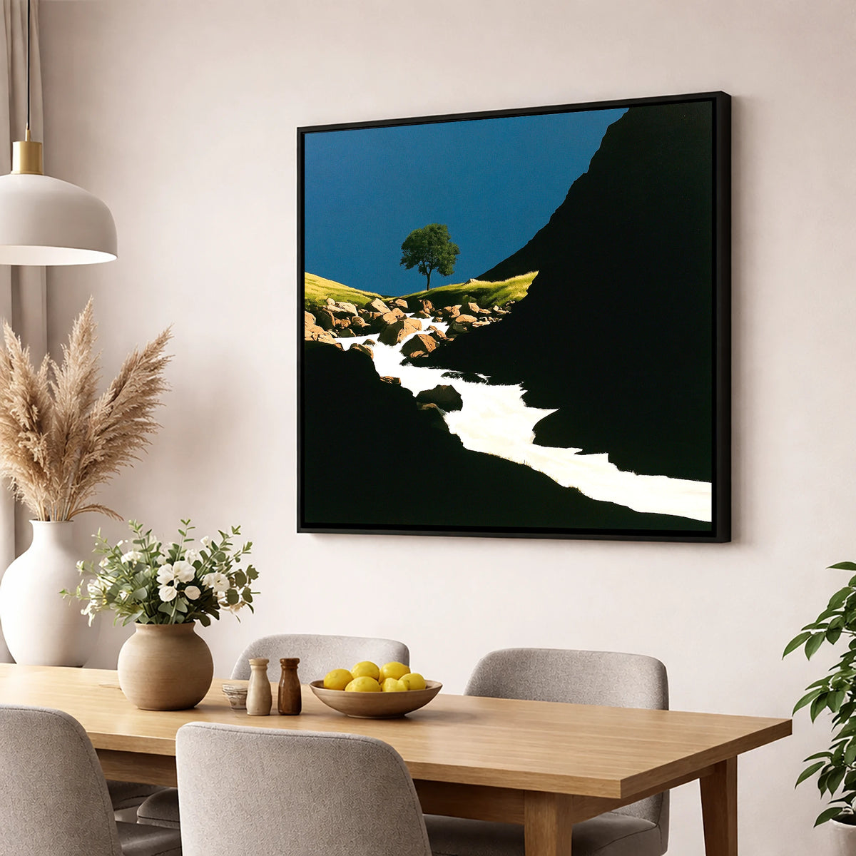 Lone Tree Above Rushing Beck lake district waterfall wall art displayed in a dining room