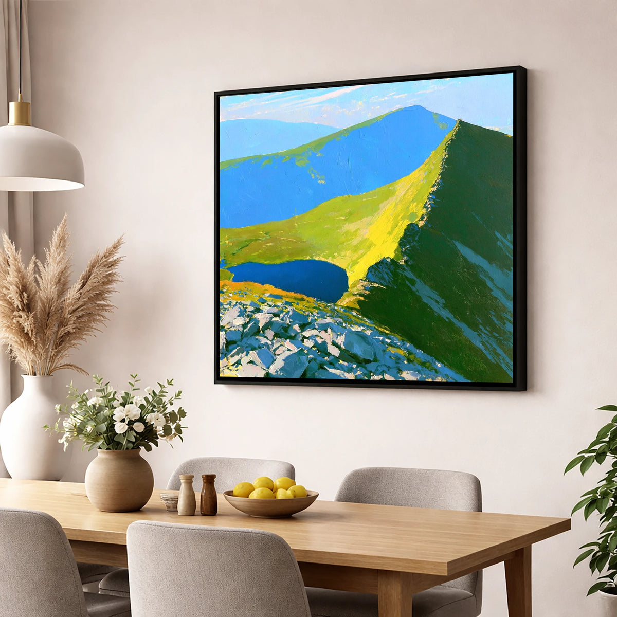 Vibrant Ridges above the Tarn lake district fell wall art displayed in a dining room
