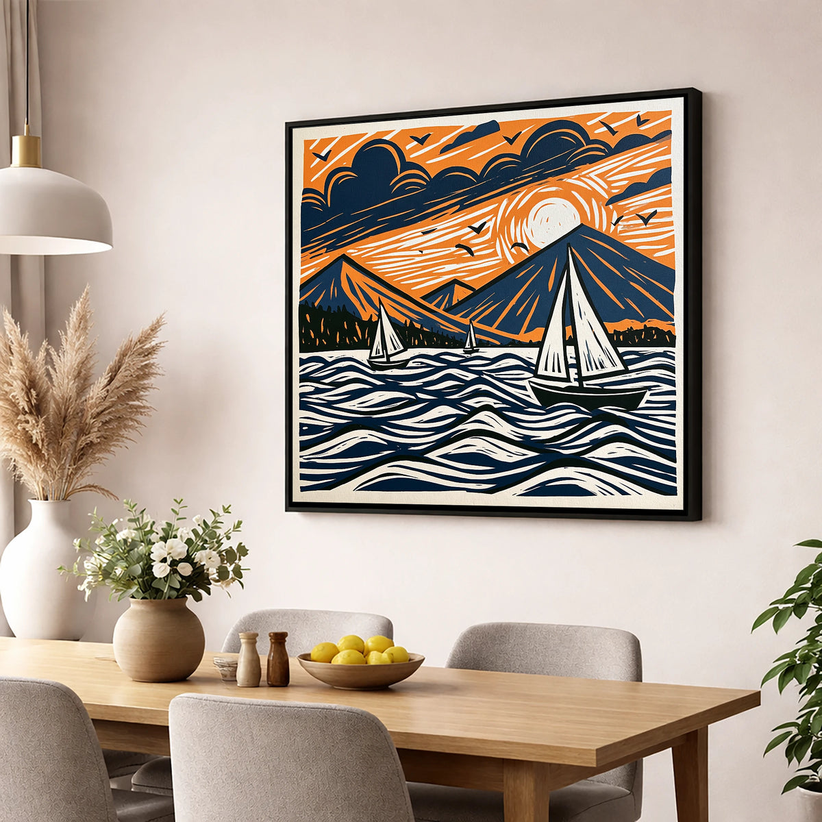 Sunset Sailboats on Derwentwater lake district lake wall art displayed in a dining room