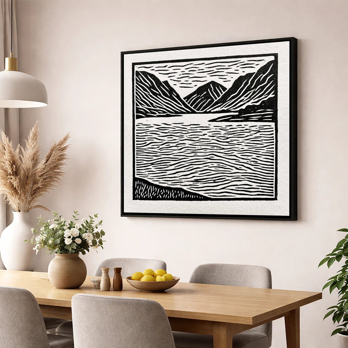 Lake and Fells in Monochrome lake district lake wall art displayed in a dining room