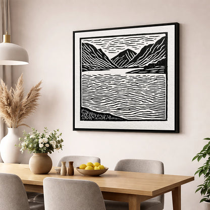 Lake and Fells in Monochrome lake district lake wall art displayed in a dining room