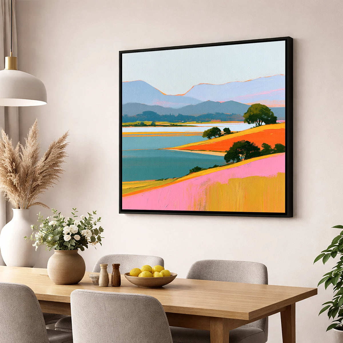 Vibrant Fells and Teal Lake lake district lake wall art displayed in a dining room