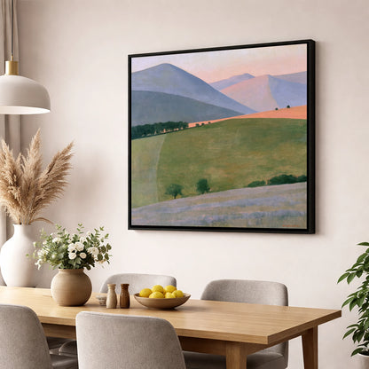 Pastel Fells Above Green Valley lake district valley wall art displayed in a dining room
