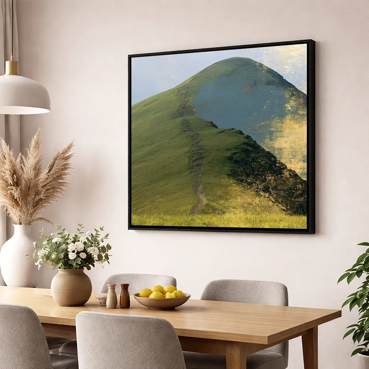 Cat Bells in Burnished Gold lake district fell wall art displayed in a dining room