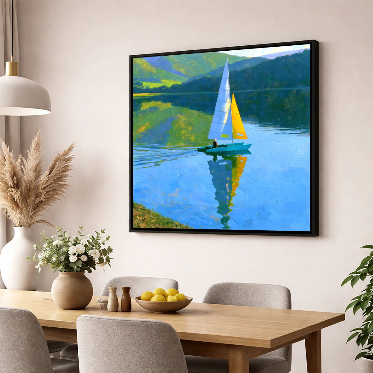 Vivid Sails on a Breezy Lake lake district walking wall art displayed in a dining room