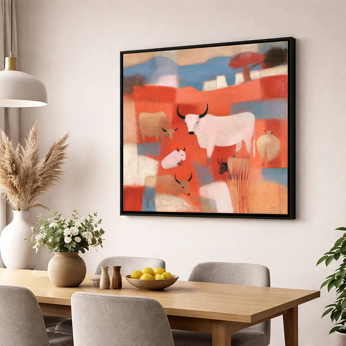 Highland Cattle in Terracotta Fells lake district wildlife wall art displayed in a dining room