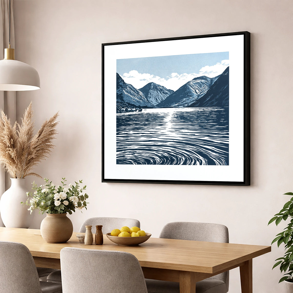 Wastwater Fells in Deep Navy lake district lake wall art displayed in a dining room