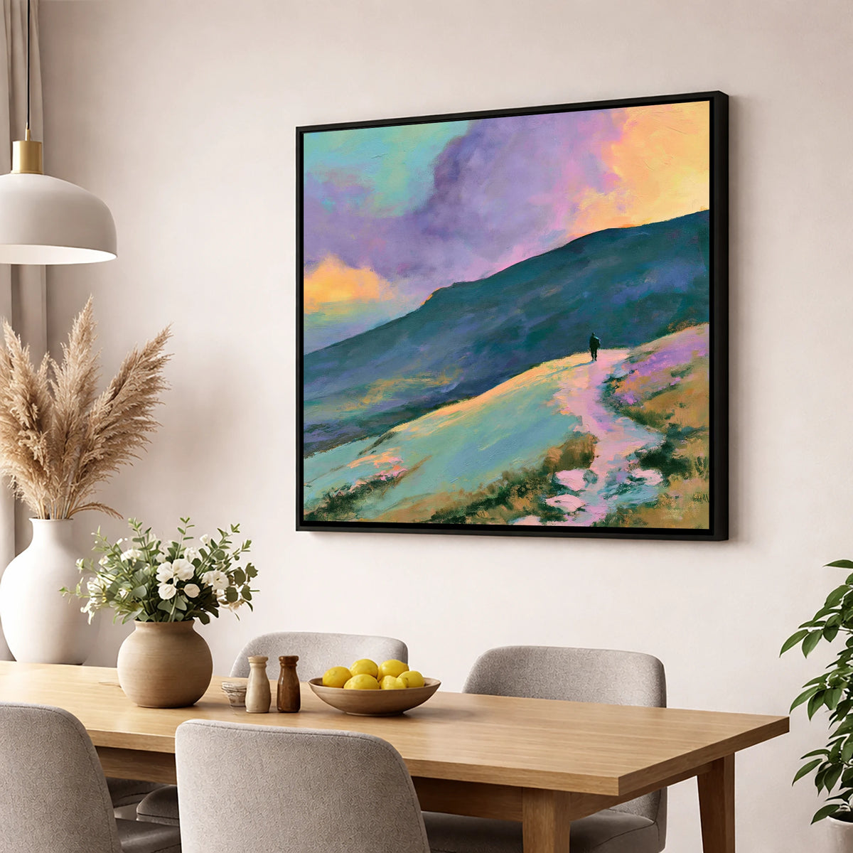 Lone Hiker Under Pastel Skies lake district walking wall art displayed in a dining room