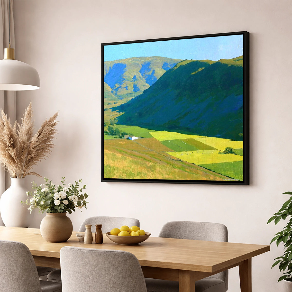 Sunlit Fields Below Steel Knotts lake district fell wall art displayed in a dining room