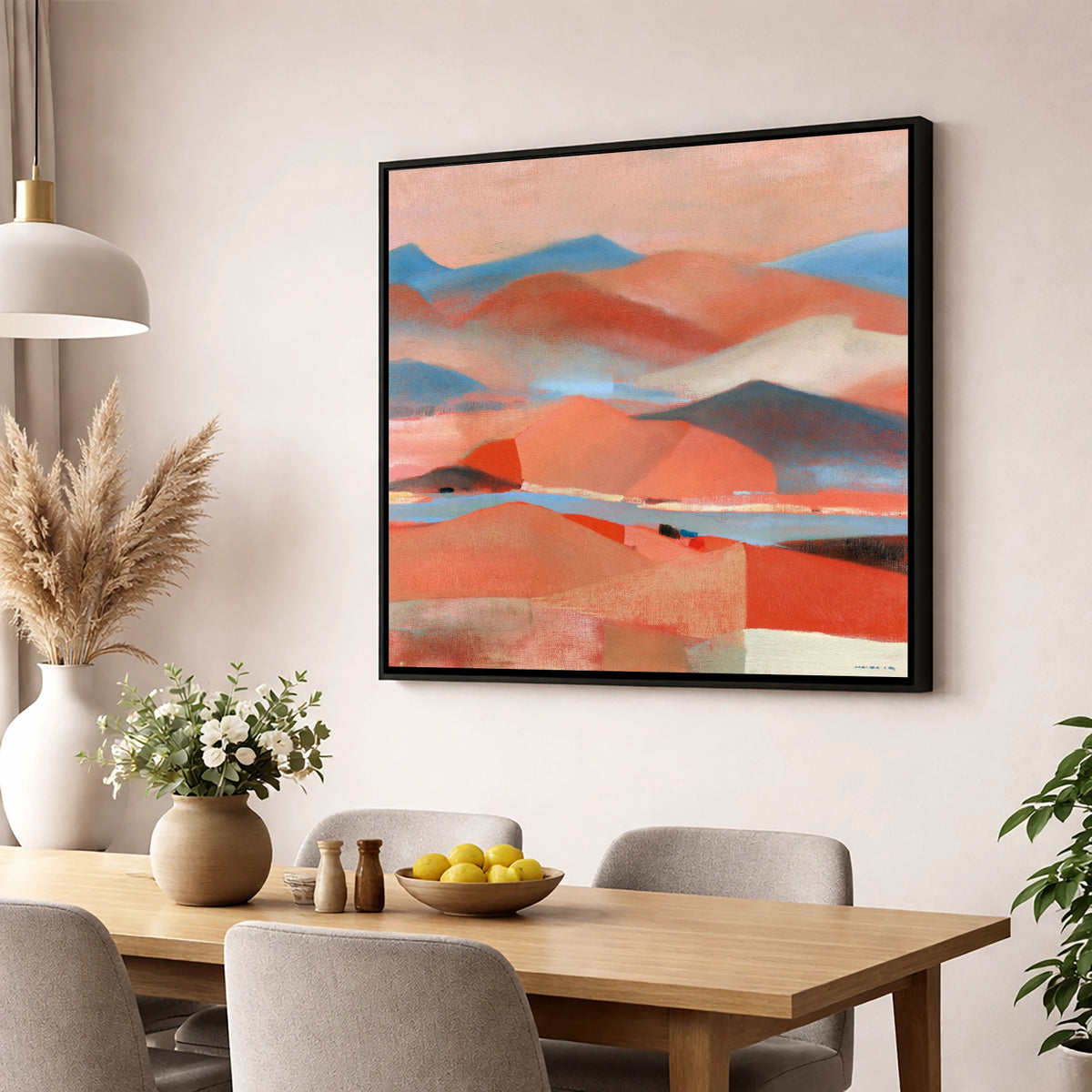 Abstract Summit View in Terracotta lake district fell wall art displayed in a dining room
