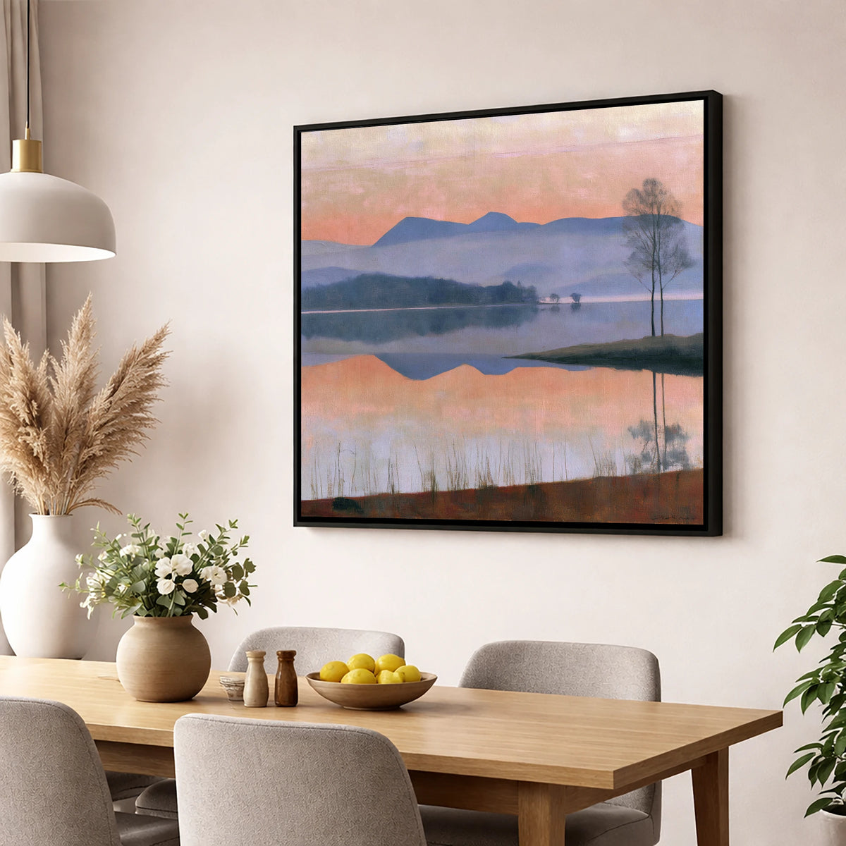 Still Lake at Pastel Dawn lake district lake wall art displayed in a dining room