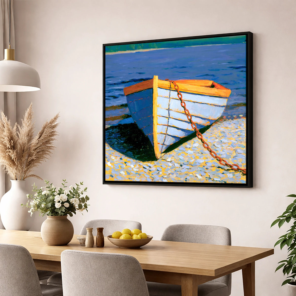 Blue Wooden Boat on Windermere lake district lake wall art displayed in a dining room