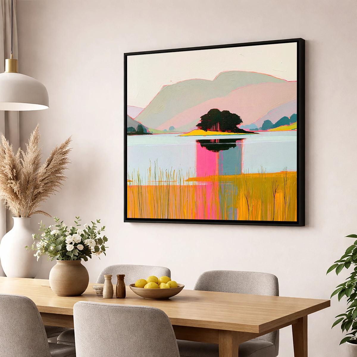 Vibrant Grasmere Island Reflections lake district lake wall art displayed in a dining room