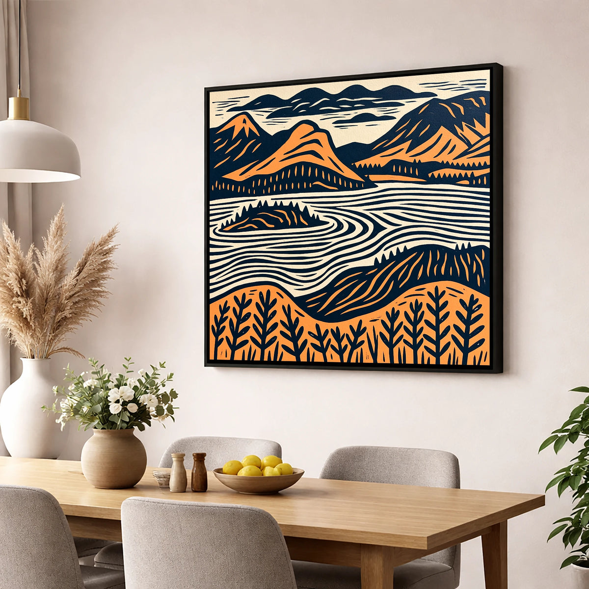 Derwentwater Island in Orange and Navy lake district lake wall art displayed in a dining room