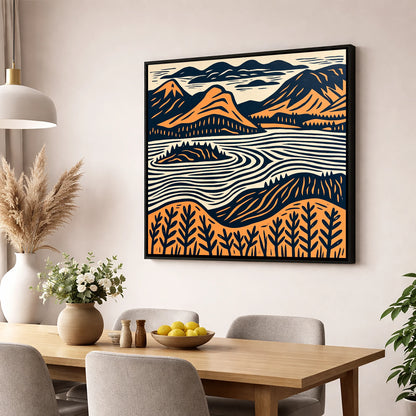 Derwentwater Island in Orange and Navy lake district lake wall art displayed in a dining room