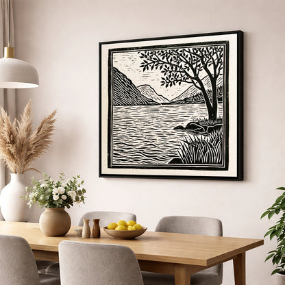 Graphic Lake Fells at Dawn lake district lake wall art displayed in a dining room