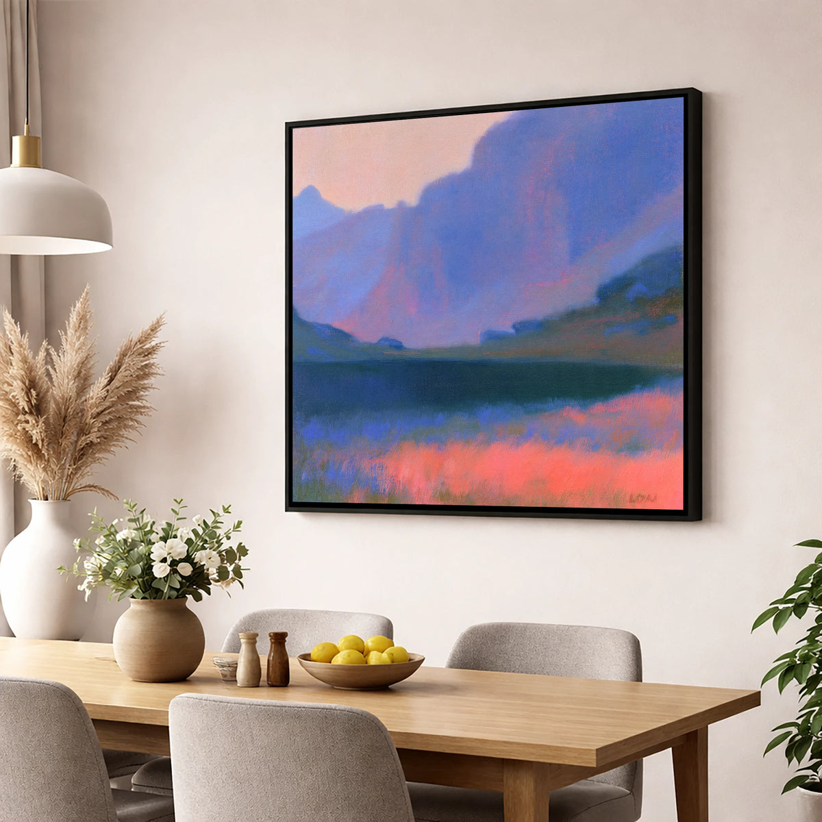Pink Dusk at Stickle Tarn lake district fell wall art displayed in a dining room