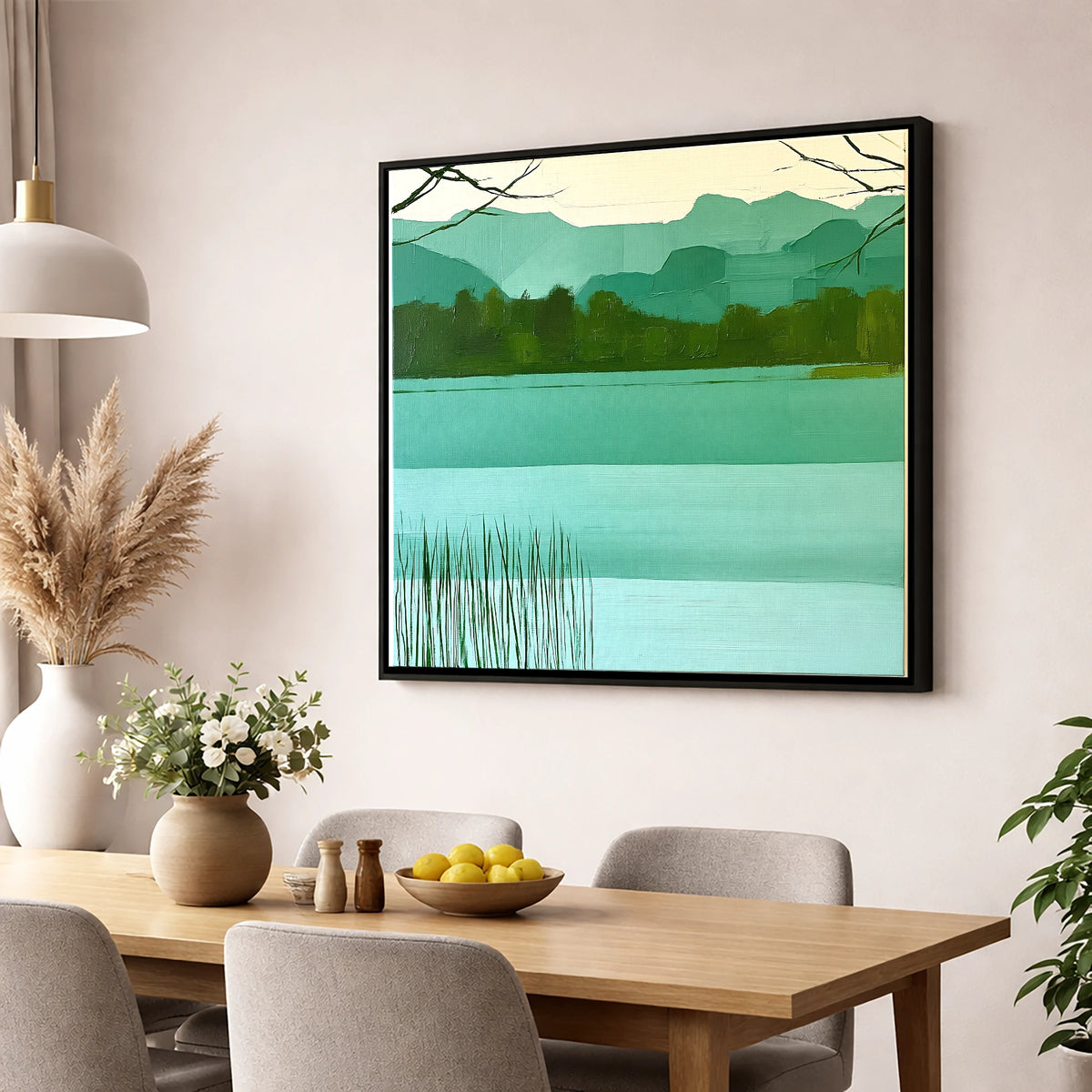 Teal Fells Above Elter Water lake district lake wall art displayed in a dining room