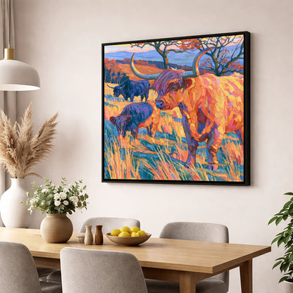 Highland Cattle in Vibrant Fell Light lake district wildlife wall art displayed in a dining room