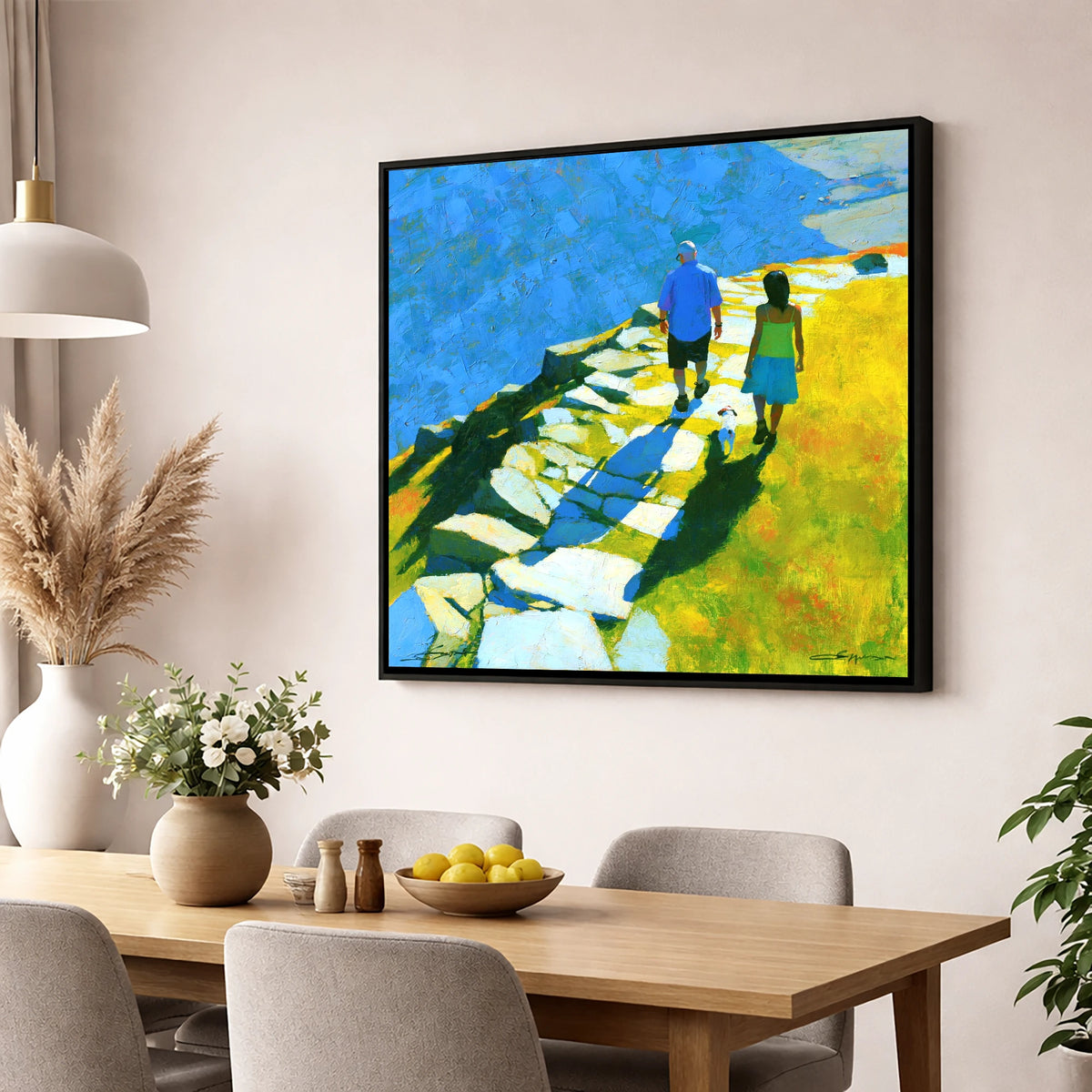 Summer Fell Walk with Blue Shadows lake district walking wall art displayed in a dining room