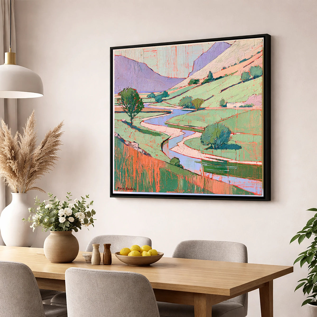 Winding River In Pastel Fells lake district waterfall wall art displayed in a dining room