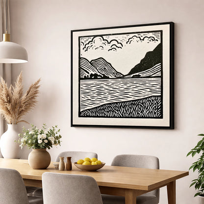 Ullswater in Monochrome lake district lake wall art displayed in a dining room
