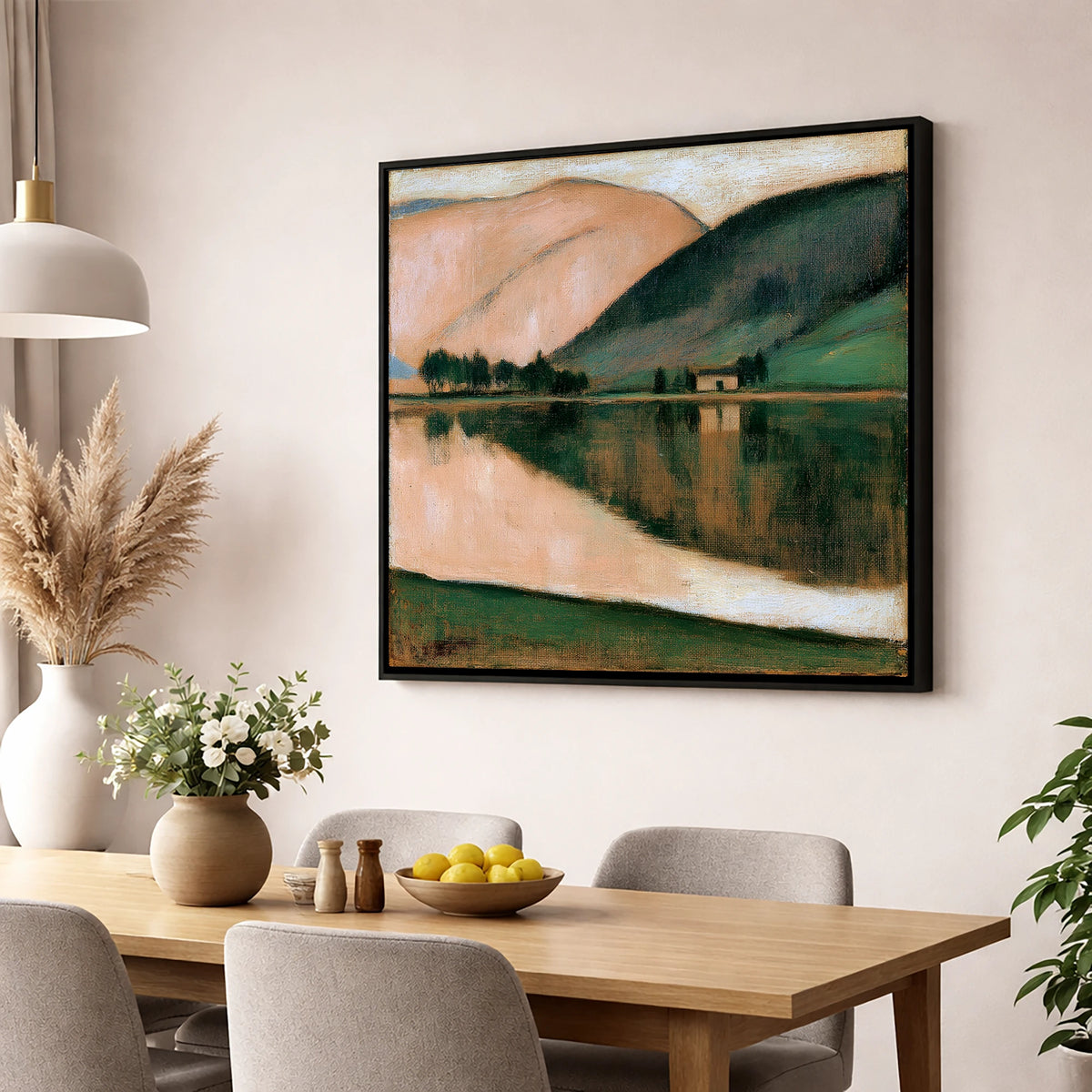 Calm Lake and Terracotta Fells lake district lake wall art displayed in a dining room