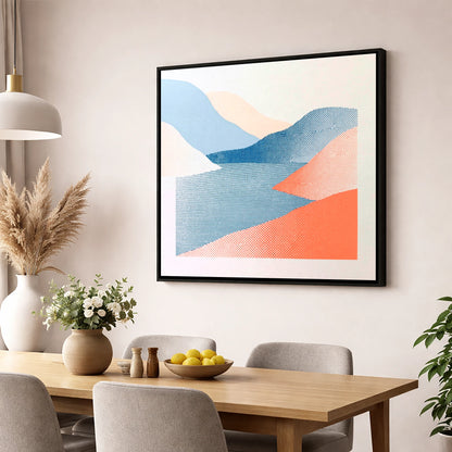 Graphic Coral and Blue Fells lake district lake wall art displayed in a dining room