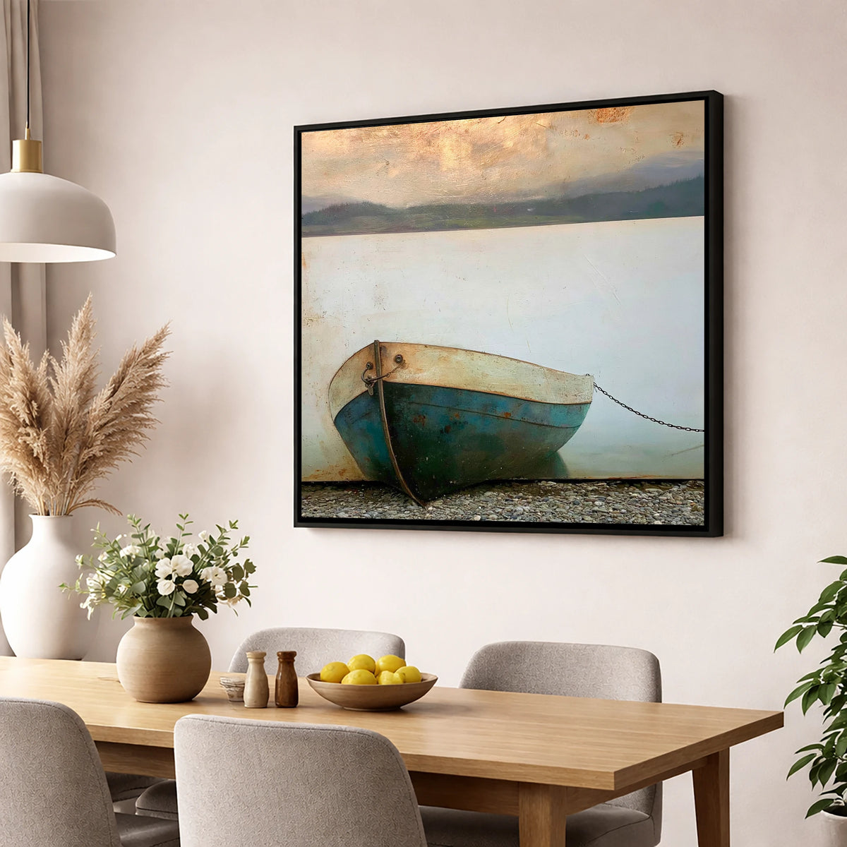 Grounded Boat on Misty Windermere lake district lake wall art displayed in a dining room