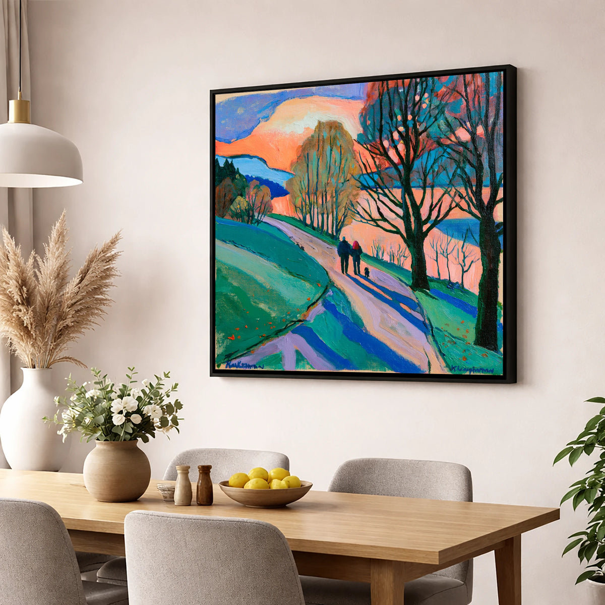 Keswick Sunset Dog Walk gifts for dog walkers wall art displayed in a dining room